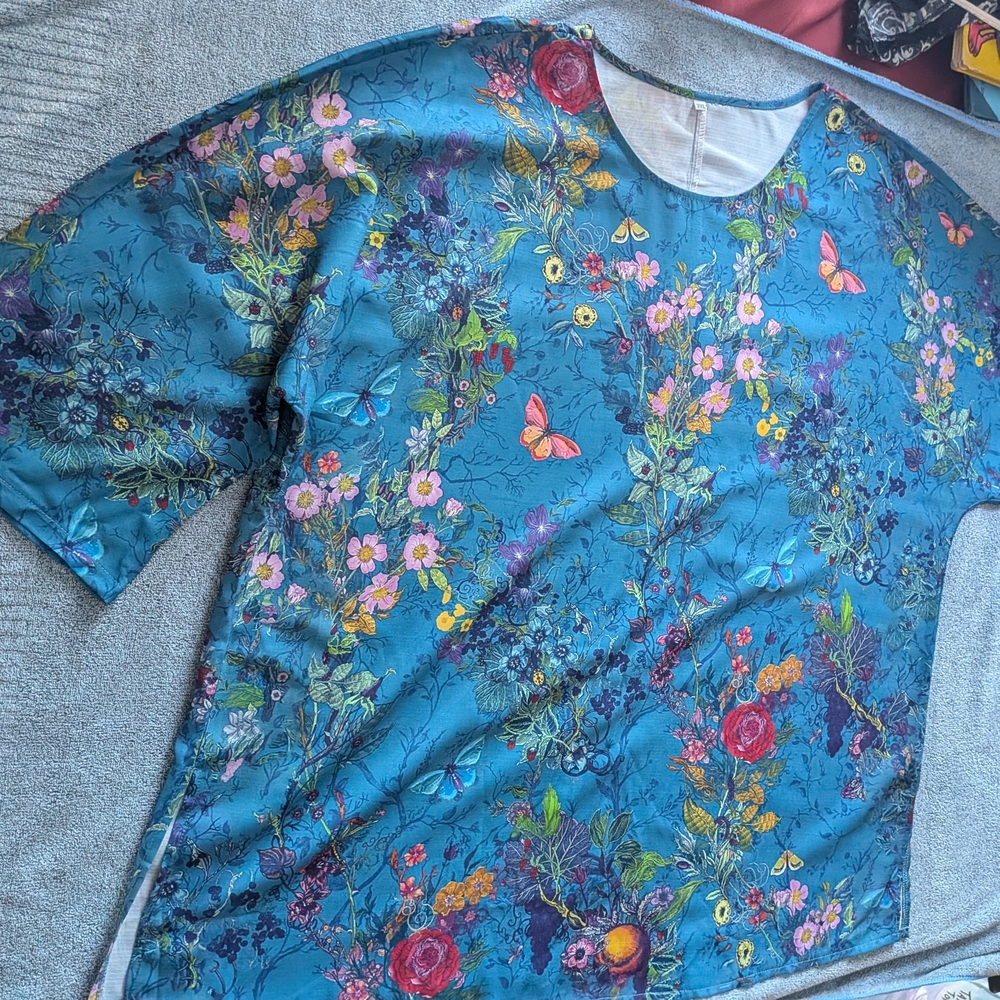 Floral and Butterfly Print Blue Top